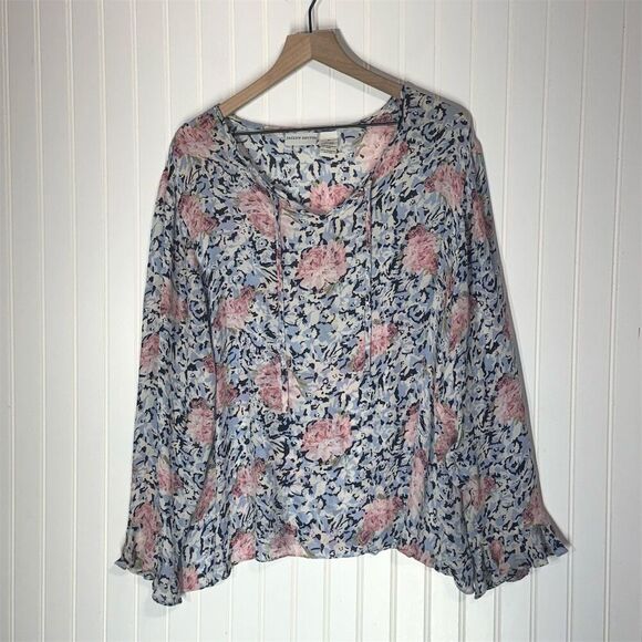 Jaclyn Smith 3X Blue Pink Floral Peasant Blouse 100% Silk Sheer Boho Romantic - Picture 1 of 7